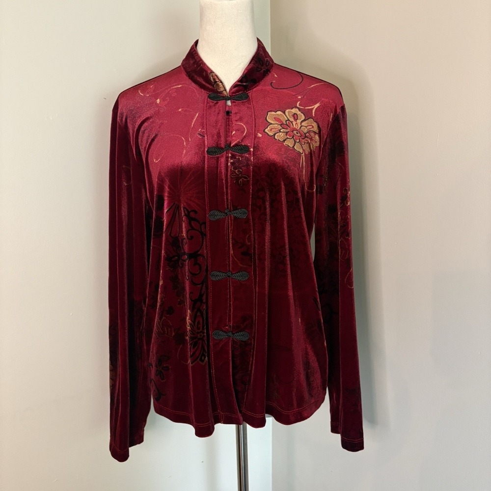 VTG 90s Clio Velvet Mandarin Blouse Floral Whimsigoth Red Frog Closure Medium